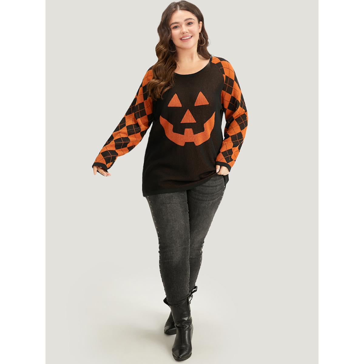 Plus Size Halloween Print Contrast Round Neck Pullover Black Women Casual Loose Long Sleeve Round Neck Festival-Halloween Pullovers BloomChic 10/M Product Image