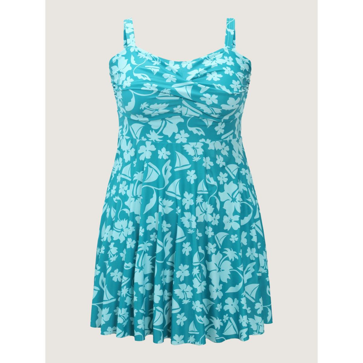 Plus Size Twist-Front Floral Print Swim Dress Women's Swimwear DarkSlateGray Resort Bodycon Heart neckline High stretch Curve Swim Dresses BloomChic 22-24/3X Product Image