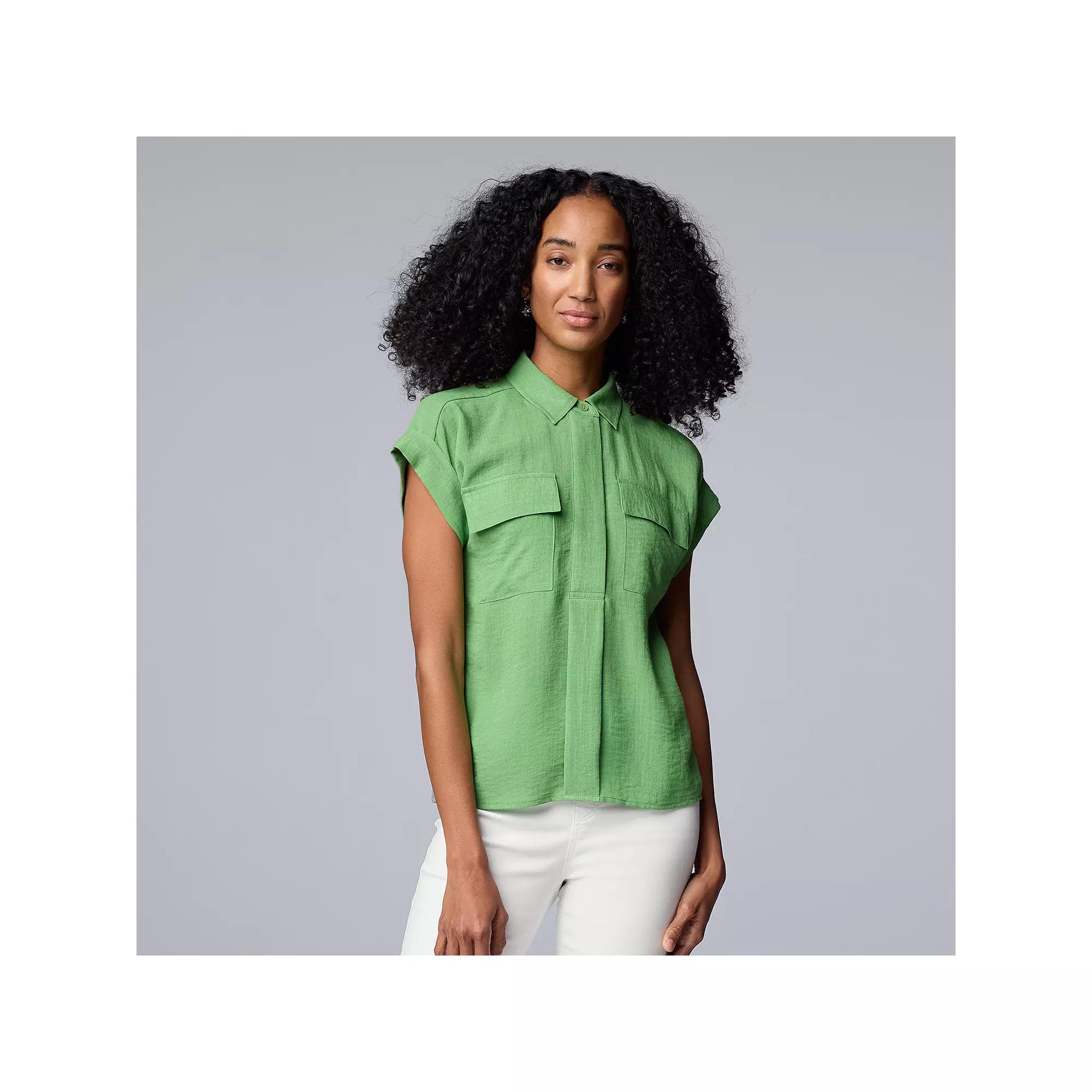 Women's Simply Vera Vera Wang Short Sleeve Linen Shirt, Size: XXL, Autumn Fern Product Image