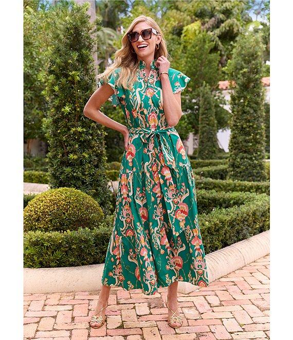 Jude Connally Mirabella Stretch Poplin Tapestry Floral Print Split V-Neck Flutter Maxi Sleeve Product Image