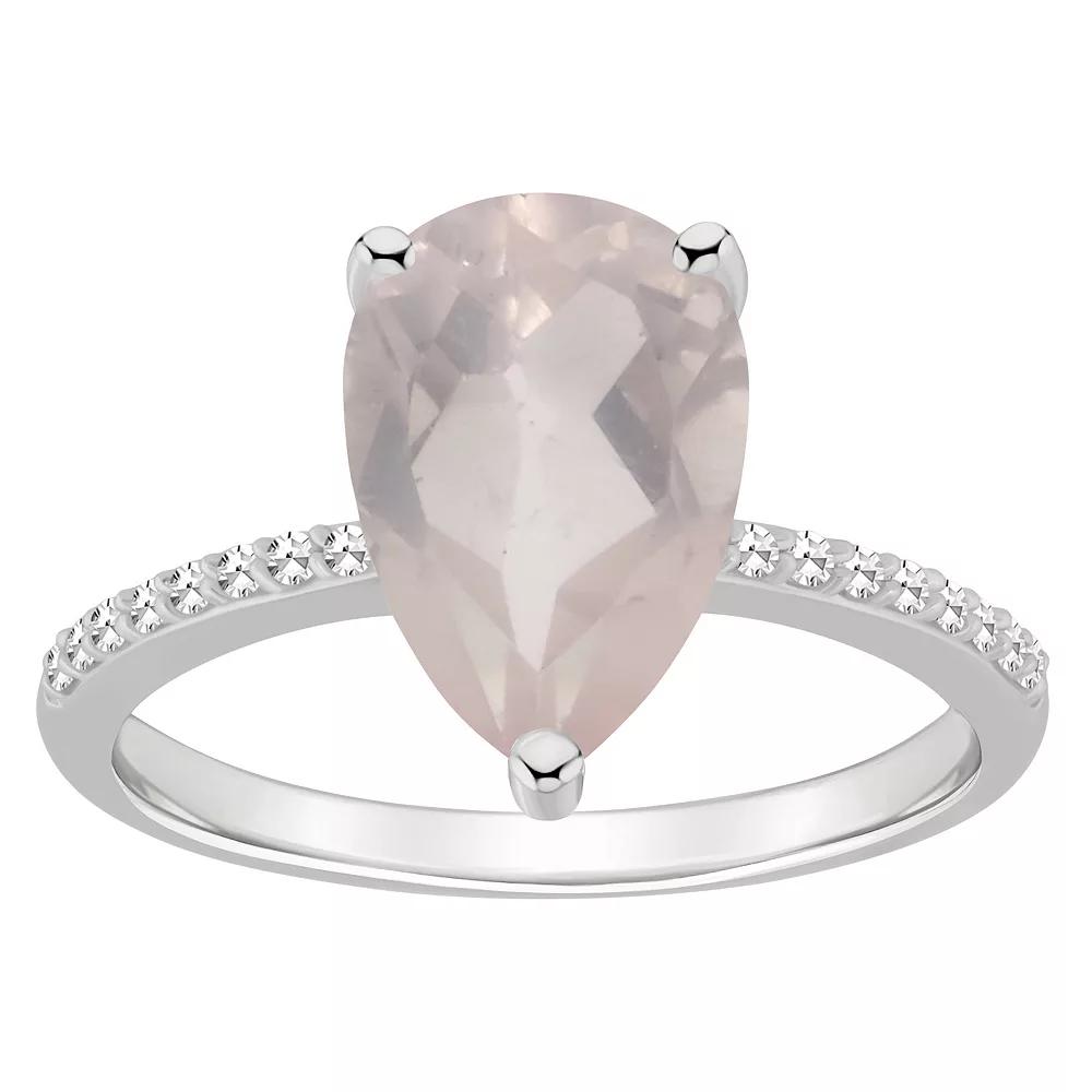 Alyson Layne Sterling Silver 10 mm x 8 mm Pear Shape Gemstone & 1/10 Carat T.W. Diamond Ring, Women's, Size: 7, Pink Quartz Product Image