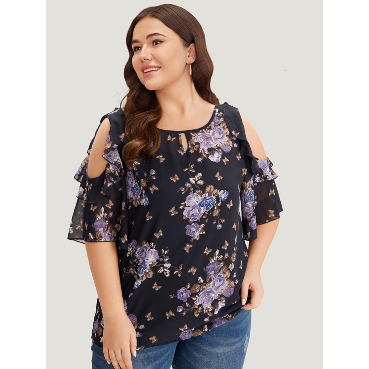 Plus Size Indigo Floral Cut Out Ruffle Trim Blouse With Cami Top Women Elegant Half Sleeve Cold Shoulder Dailywear Blouses BloomChic 30/6X Product Image