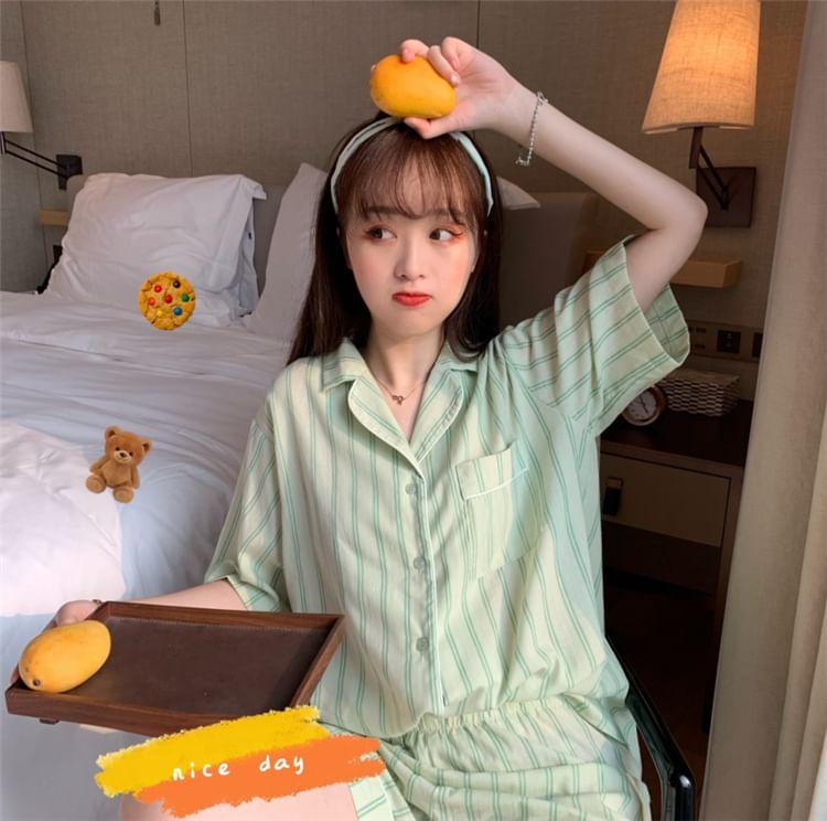 Pajama Set: Striped Short-Sleeve Blouse + Shorts Product Image