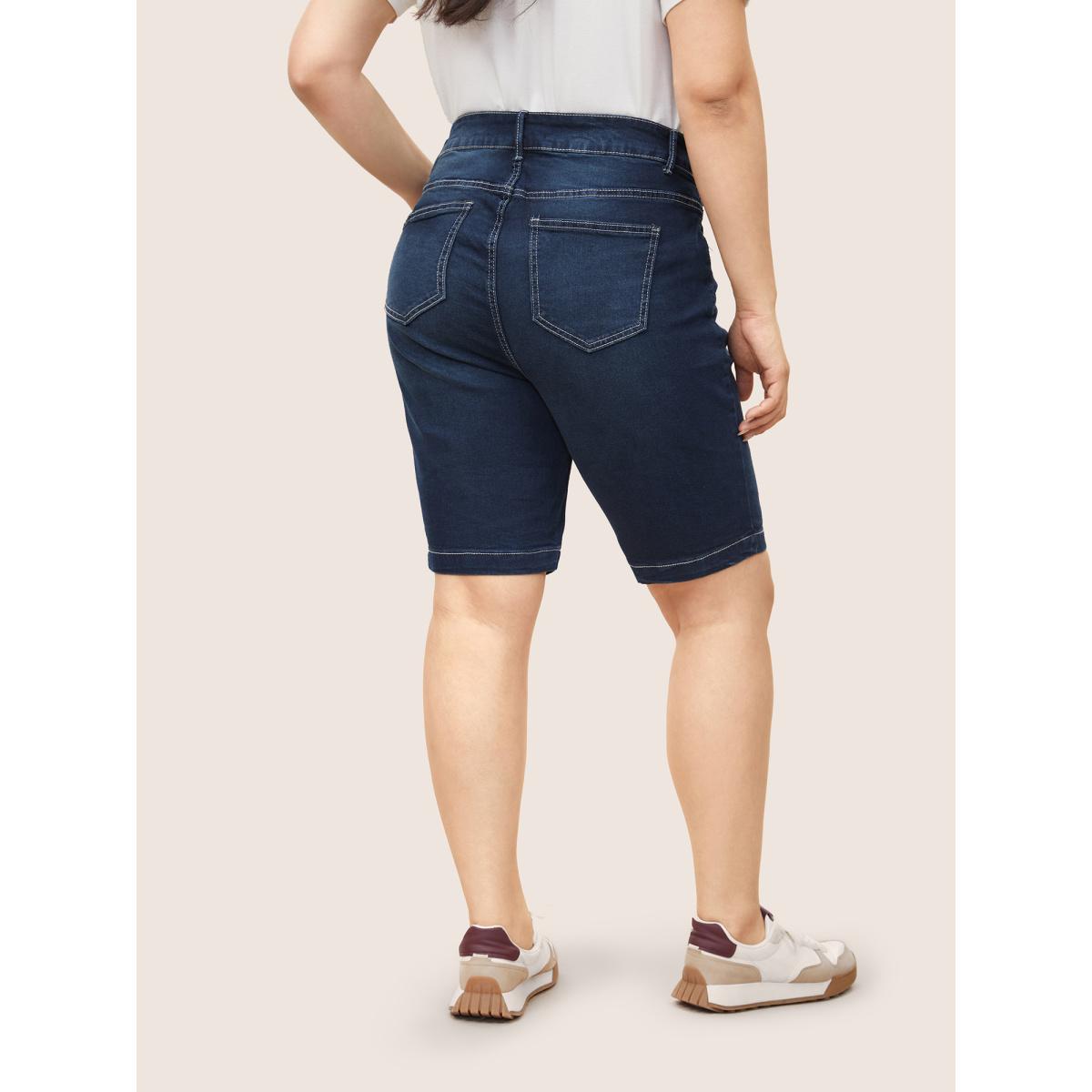Plus Size Very Stretchy High Rise Dark Wash Denim Shorts Women DarkBlue Casual Plain High stretch Slanted pocket Jeans BloomChic 18/2X Product Image