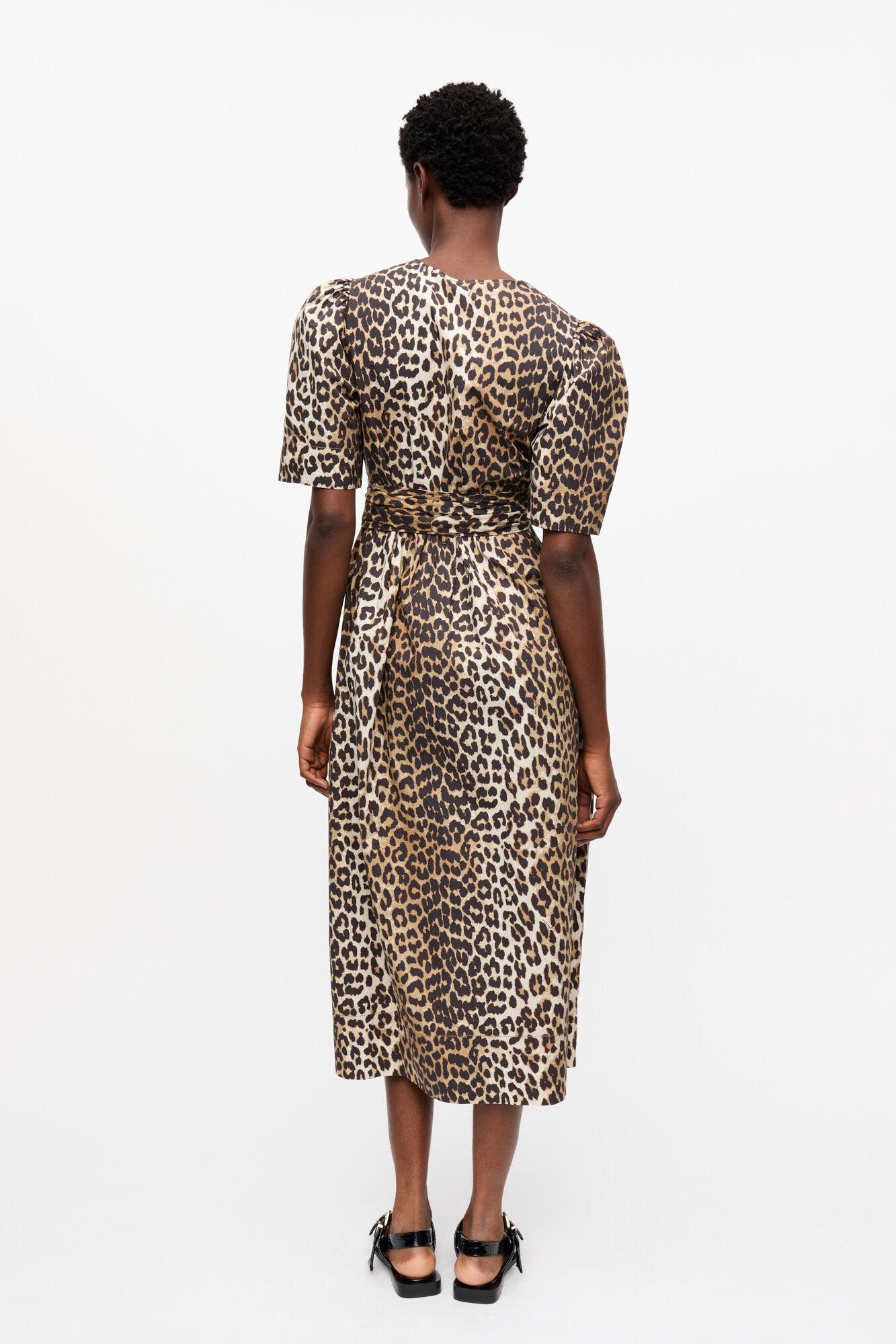Leopard Printed Cotton Tie Strap Midi Dress Product Image