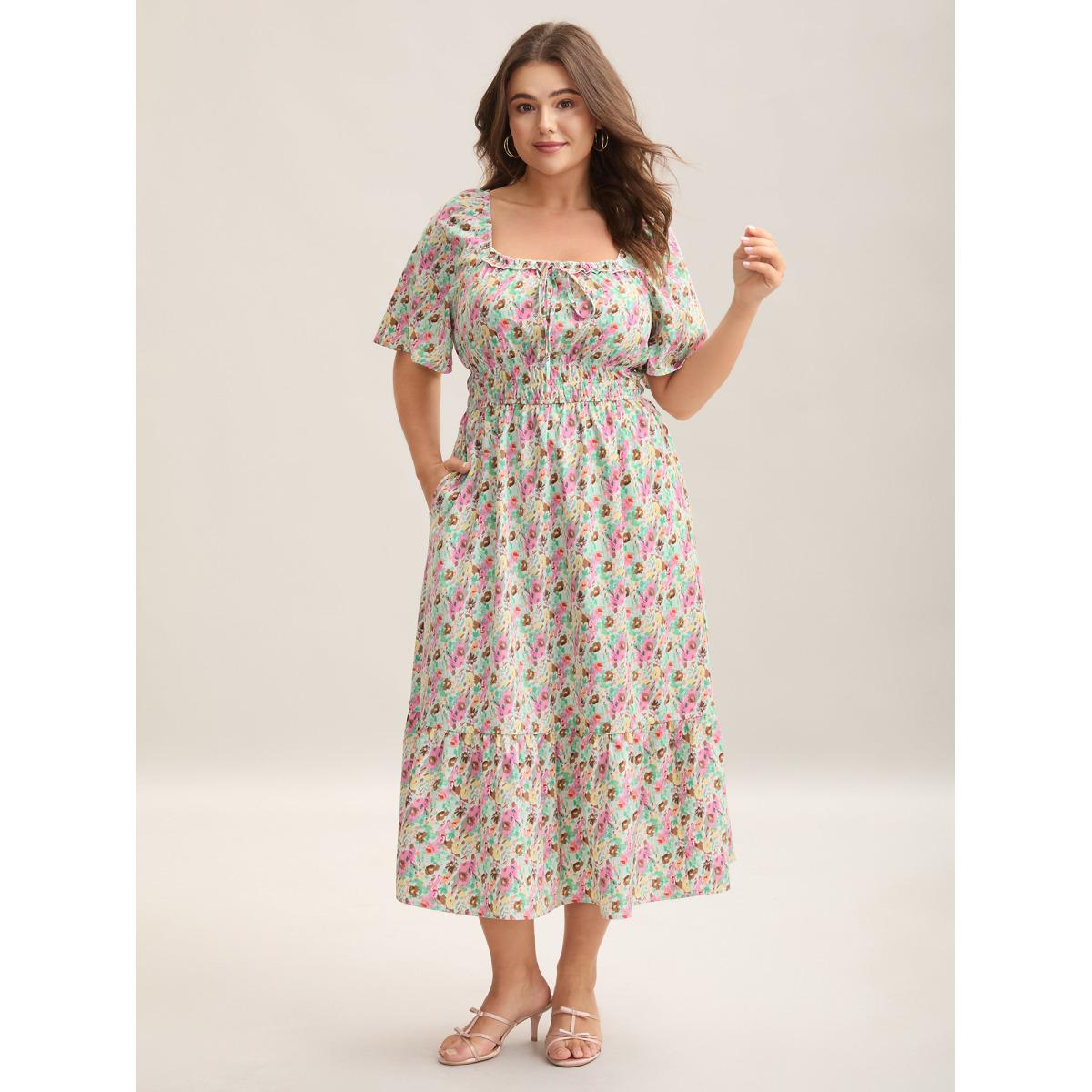 Plus Size Smocked Waist Floral Ties Tiered Maxi Dress Greenbean Women Timeless Tie knot Square Neck Short sleeve Curvy BloomChic 22-24/3X Product Image