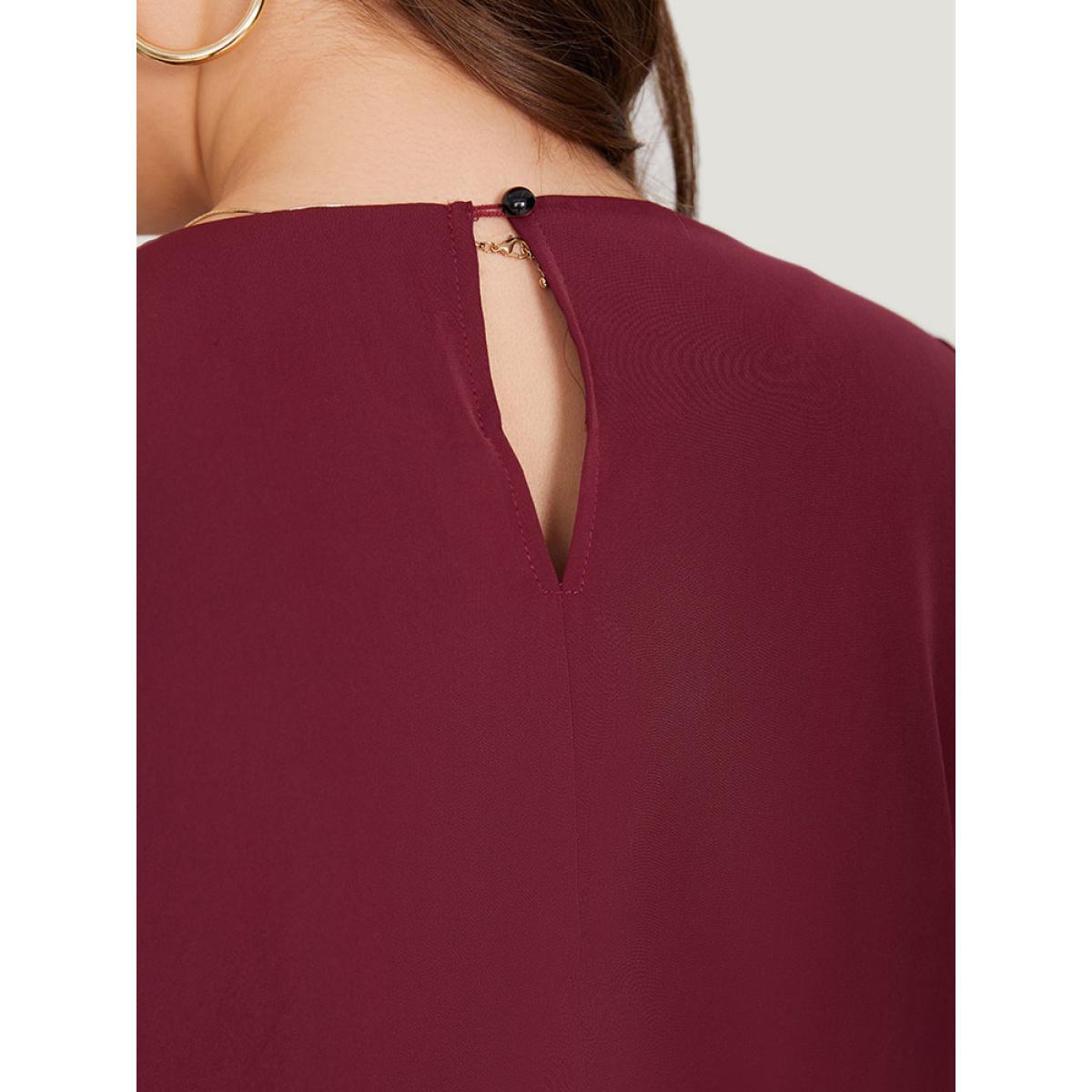 Plus Size Plain Keyhole Plicated Detail Puff Sleeve Bodysuit Women Burgundy Plain Keyhole Bodysuits BloomChic 28/5X Product Image