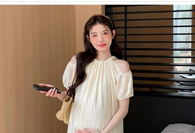 Maternity Cold Shoulder Short Sleeve A-Line Midi Dress Product Image
