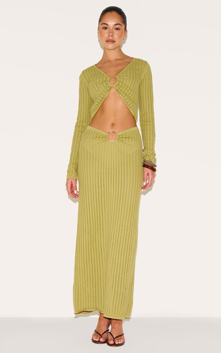 Olive Pointelle Knit Trim Detail Long Sleeve Top Product Image