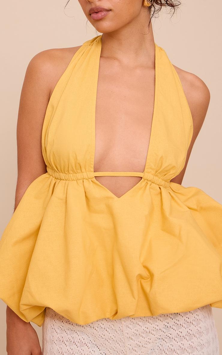 Yellow Woven Plunge Halter Neck Puffball Top Product Image