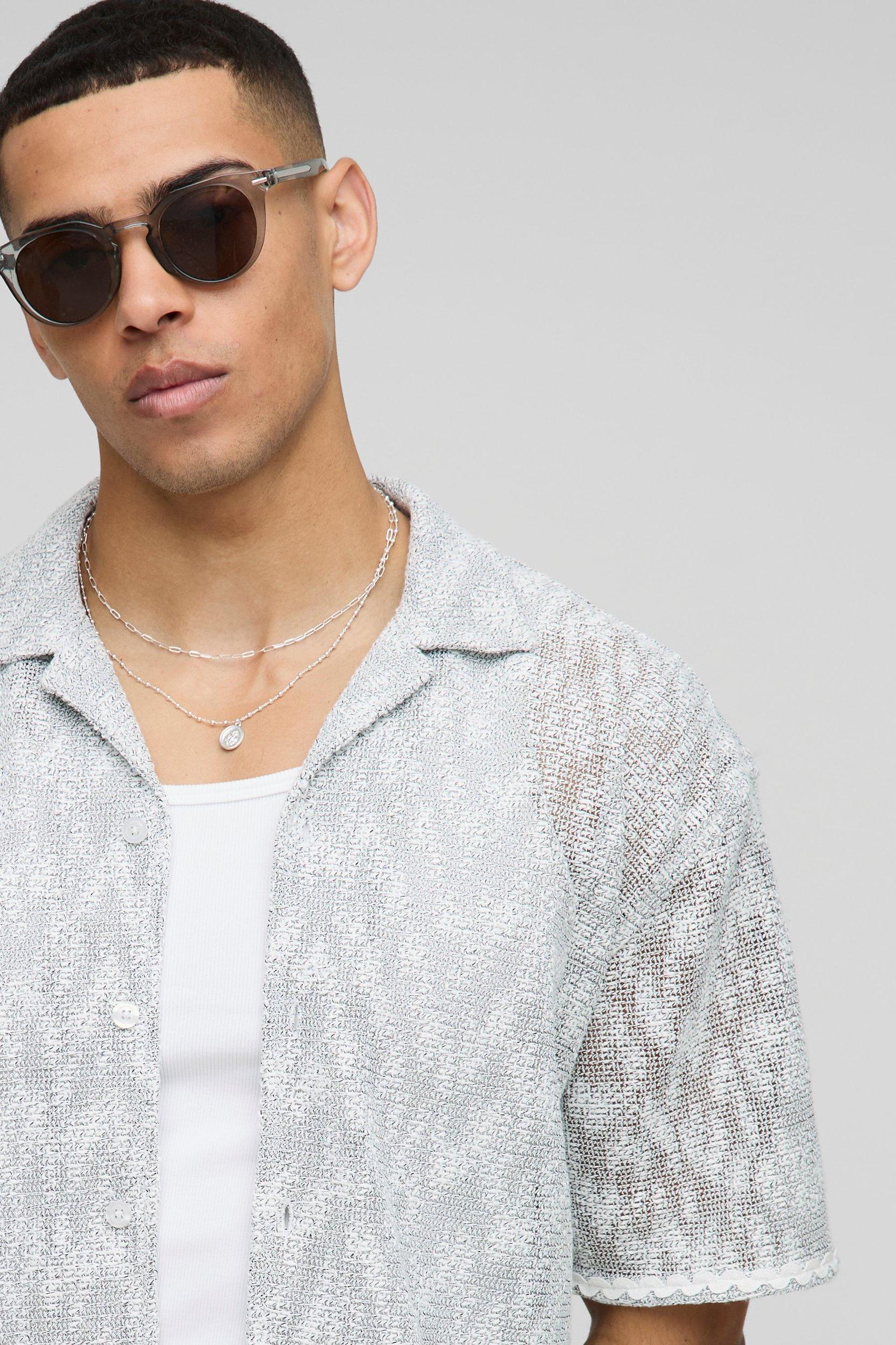 Oversized Dropped Revere Heavyweight Open Weave Shirt | boohooMAN USA Product Image