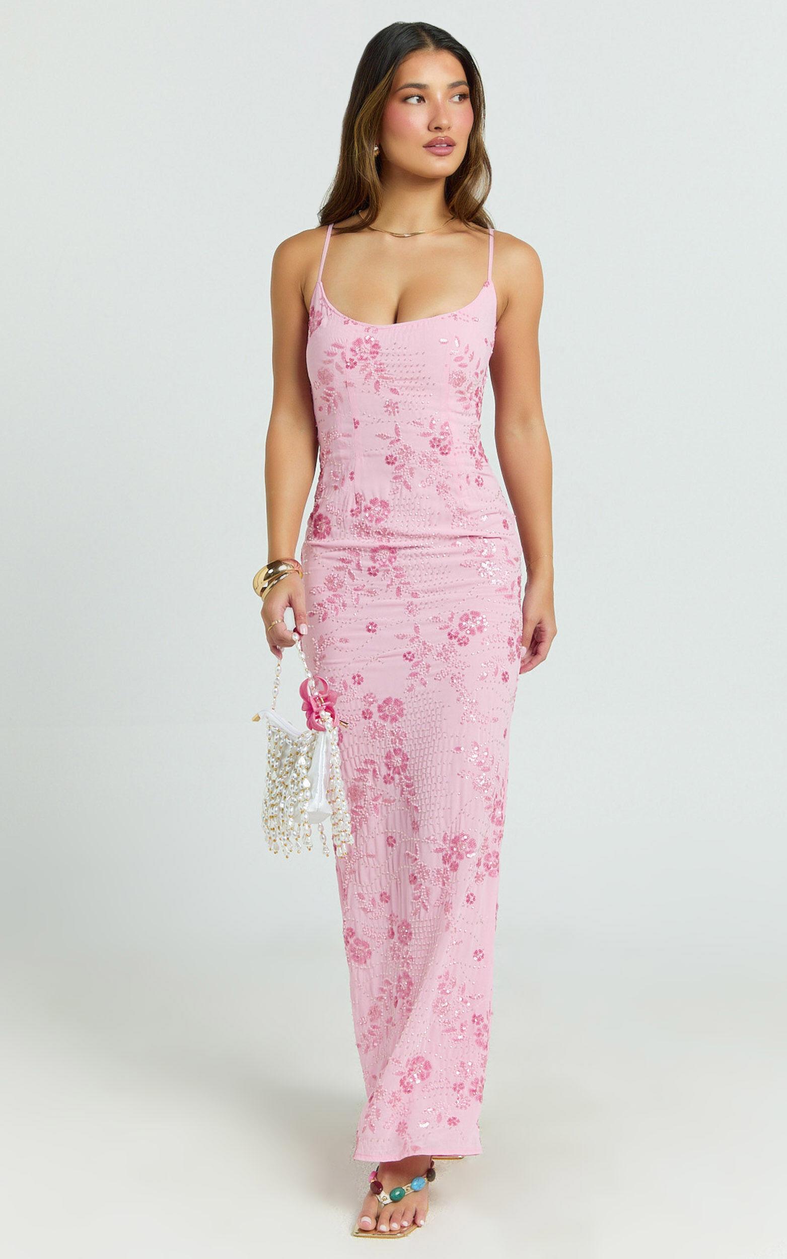 Shari Maxi Dress - Strappy Scoop Neck Column Fitted Sequin Mesh Dress in Pink Product Image