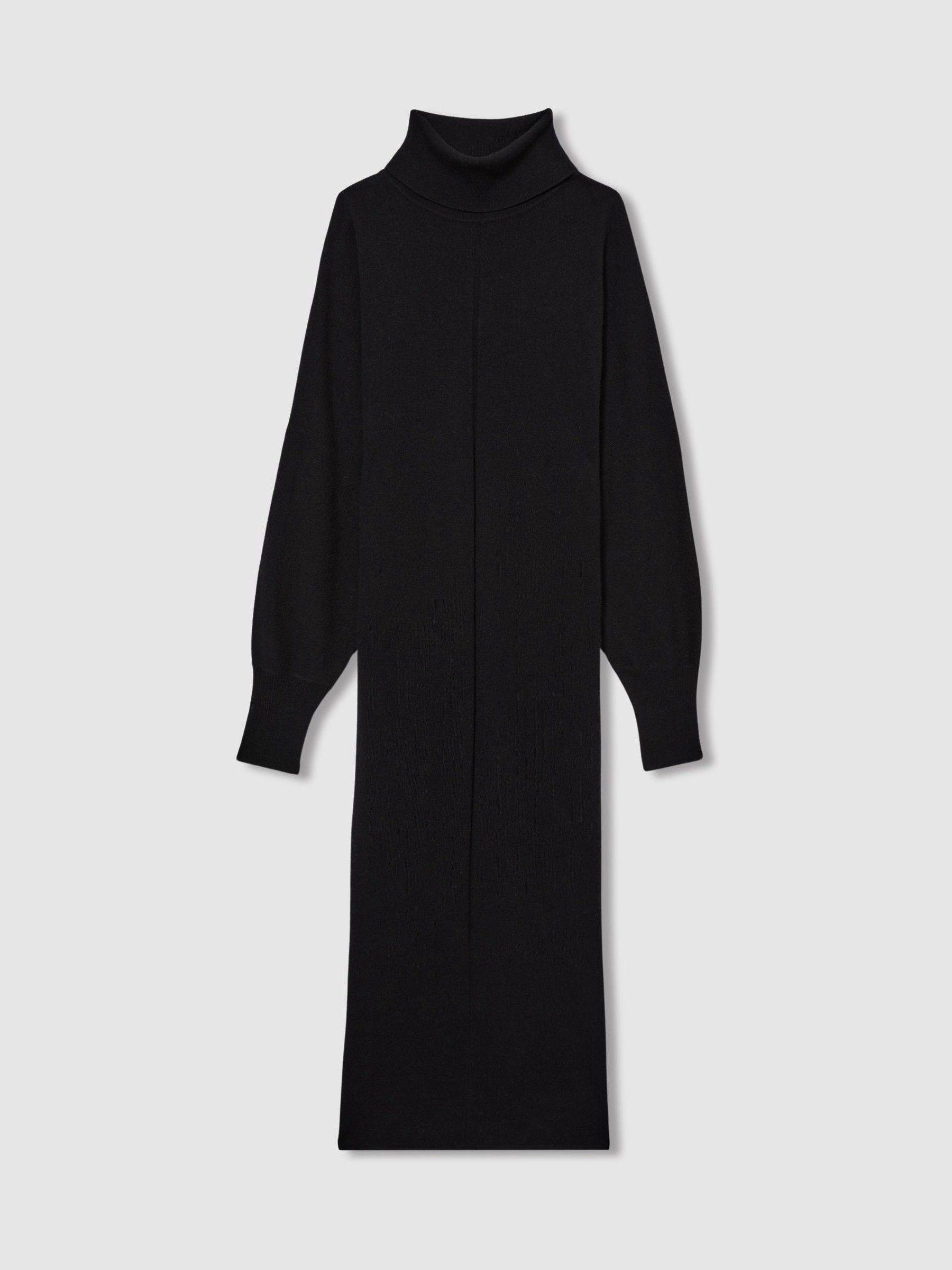 Roll-Neck Knitted Midi Dress With Cashmere in Black Product Image