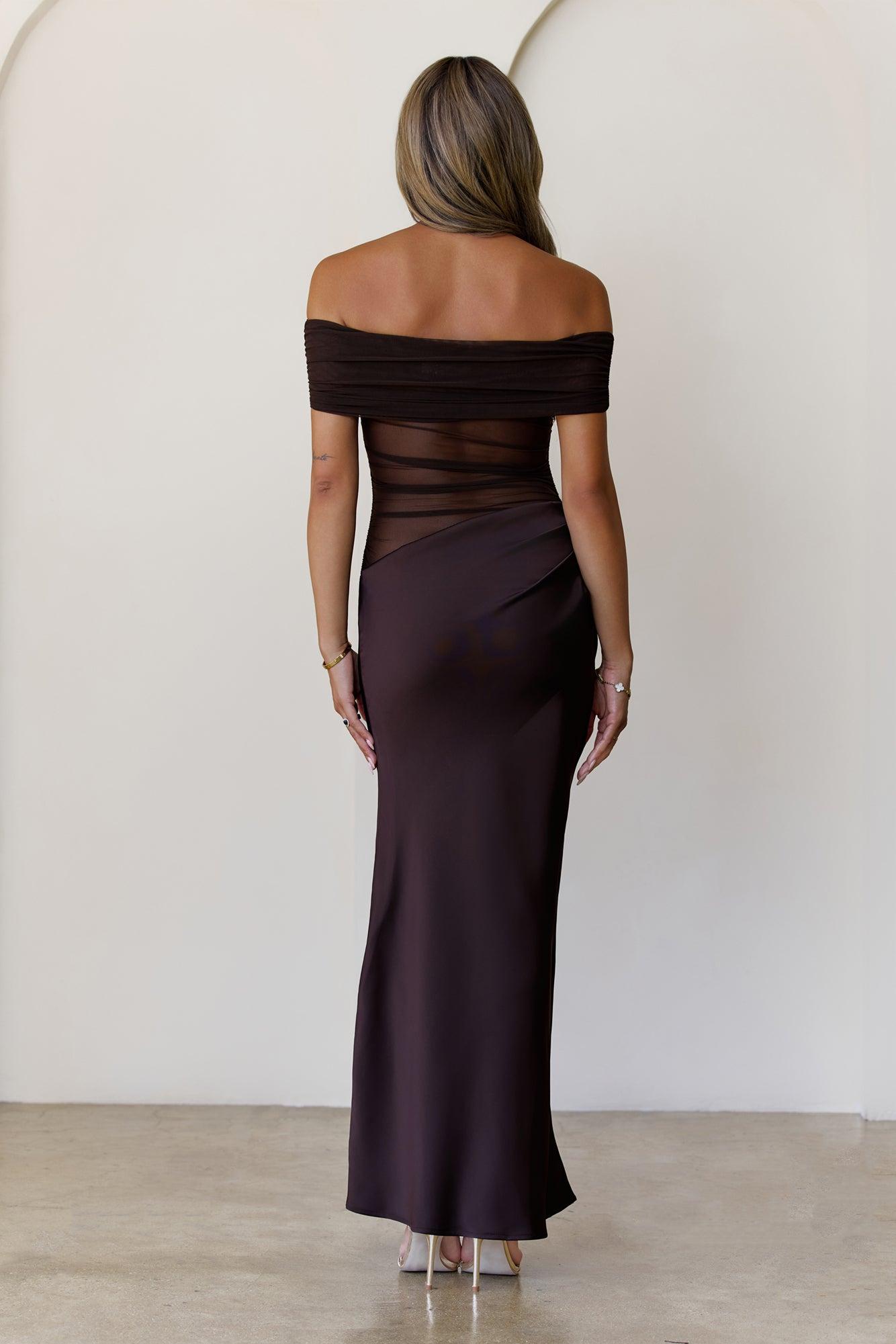 Veiled Whispers Off Shoulder Maxi Dress Brown Product Image