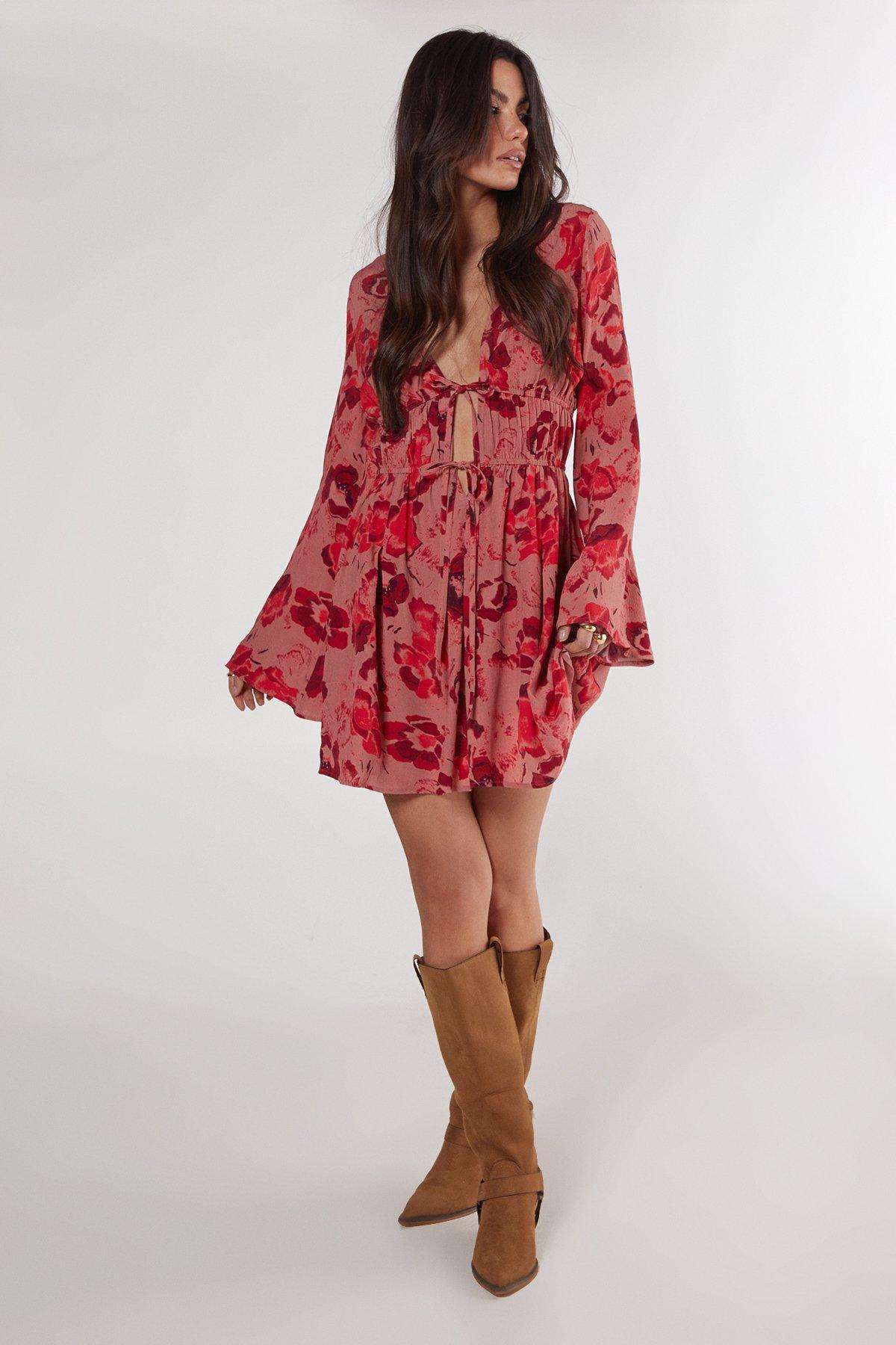 Floral Ruched Tie Front Fluted Sleeve Tunic Dress Product Image