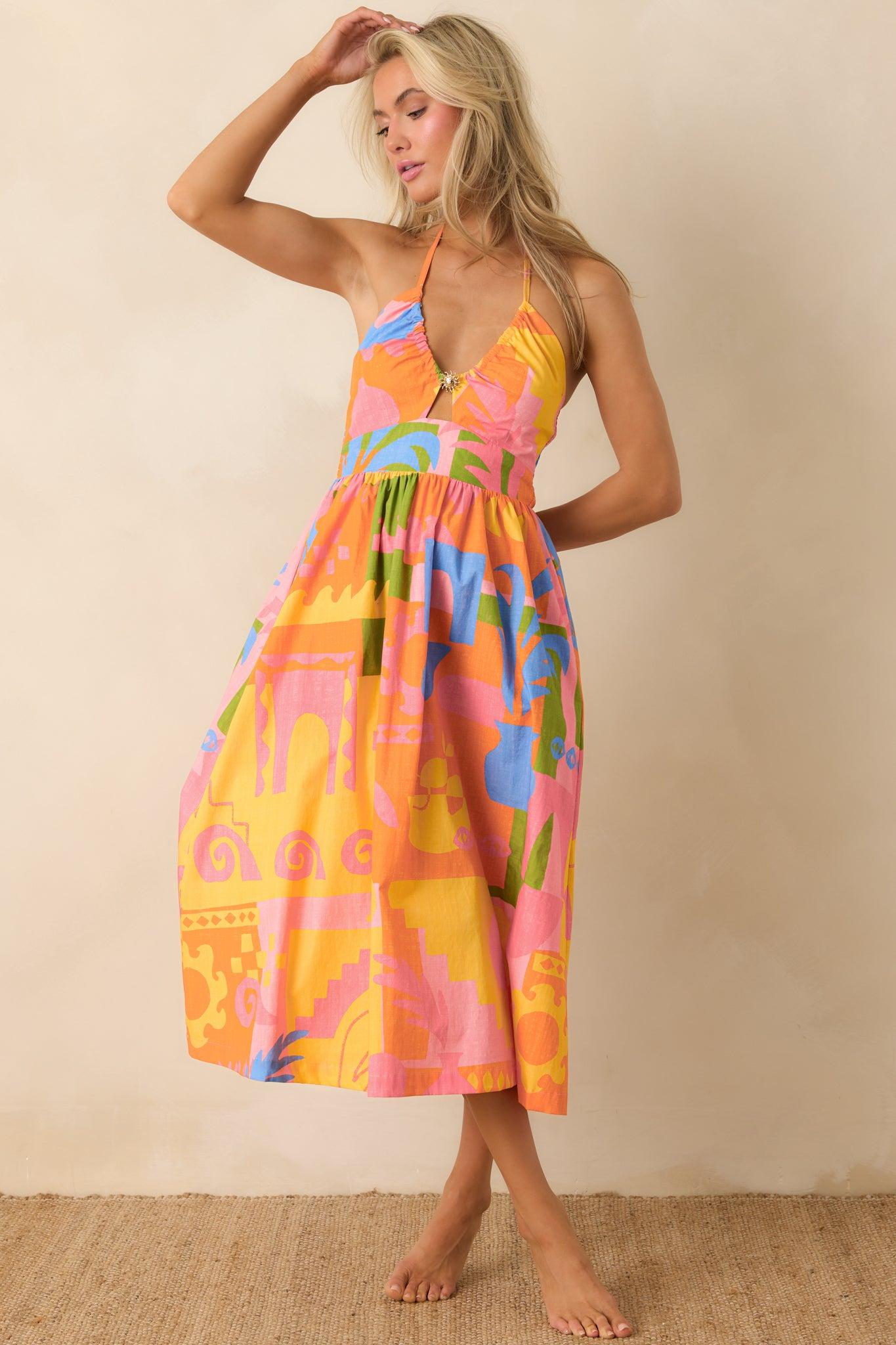 Paradisa Maldives Orange Multi Cotton Abstract Print Midi Dress Product Image