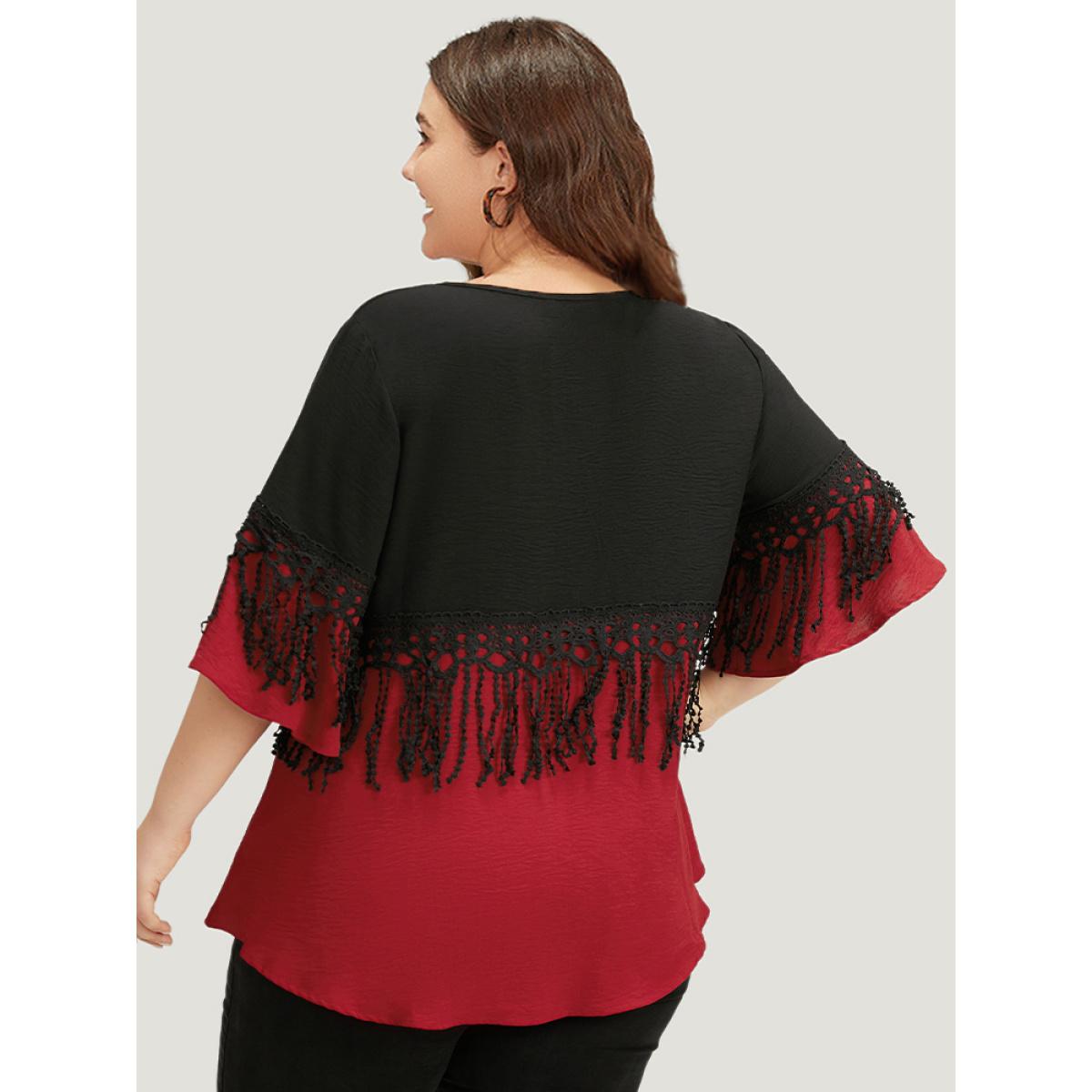 Plus Size Black Halloween Two Tone Fringe Trim Patchwork Blouse Women Elegant Short sleeve V-neck Festival-Halloween Blouses BloomChic 22-24/3X Product Image