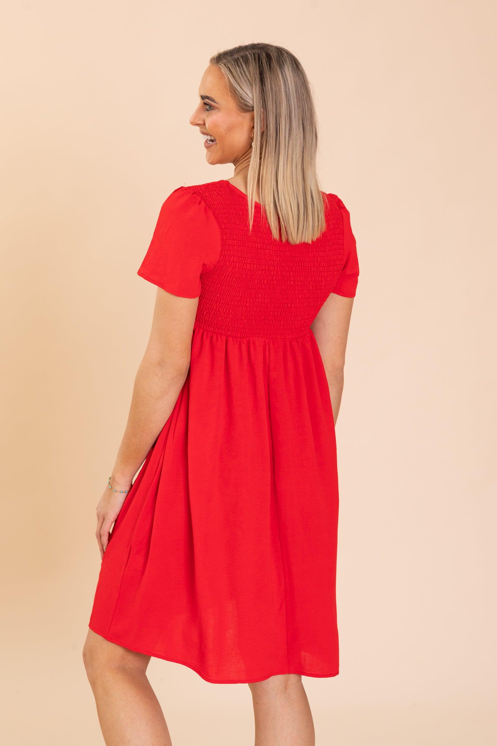 Flowy Skirt Smocked Bodice Midi Woven Dress Product Image