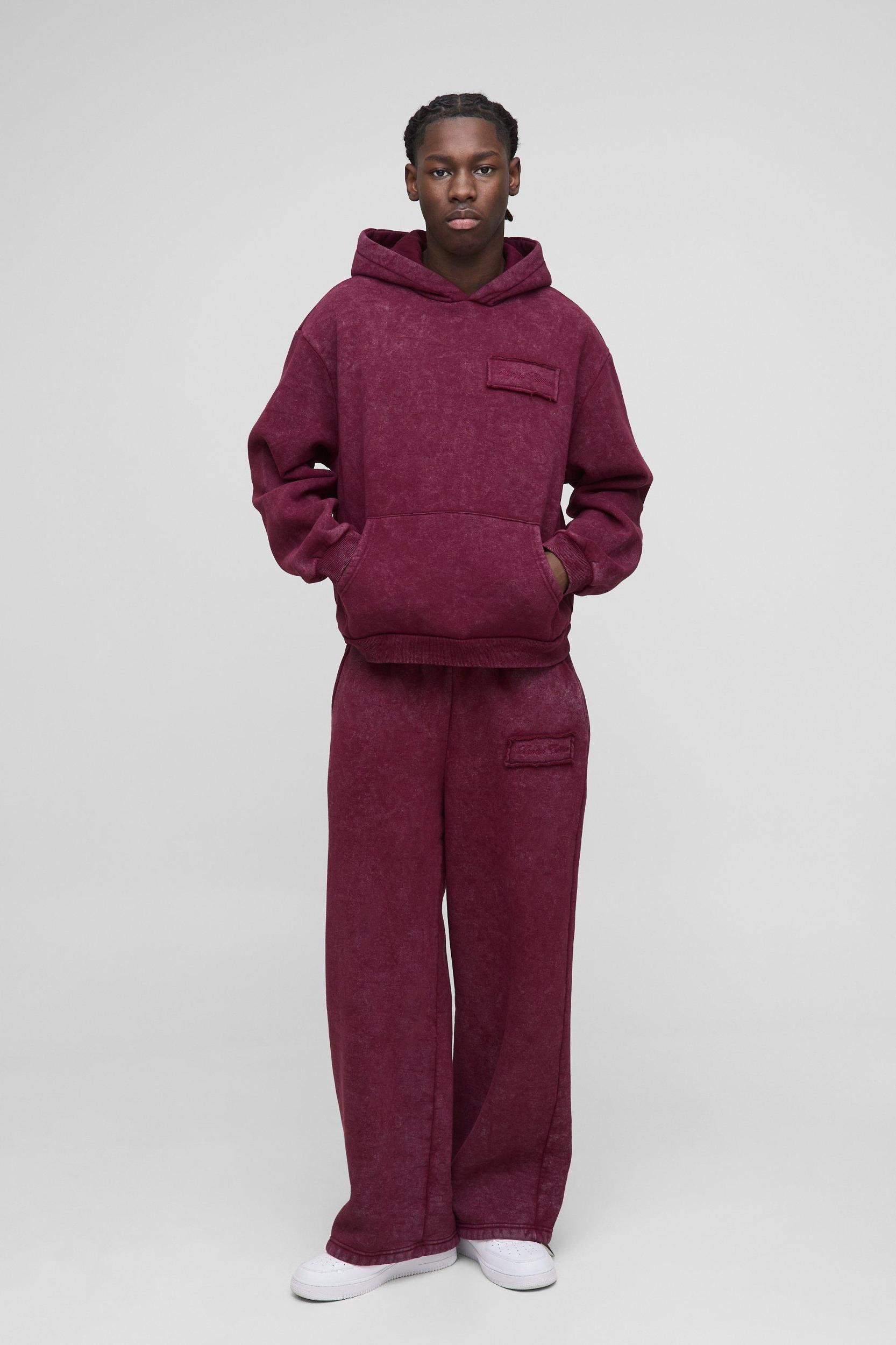 Oversized Boxy Washed Self Applique Tab Hooded Tracksuit | boohooMAN USA Product Image