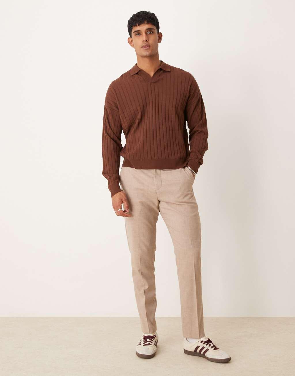 ASOS DESIGN relaxed knit boxy fit long sleeve ribbed notch neck polo in brown Product Image