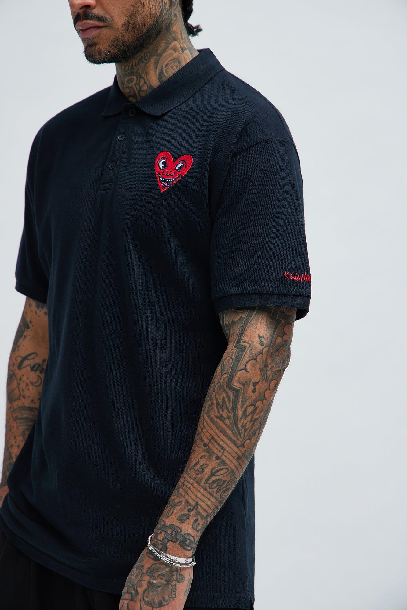 Keith Haring Heart Logo Short Sleeve Polo - Black Product Image