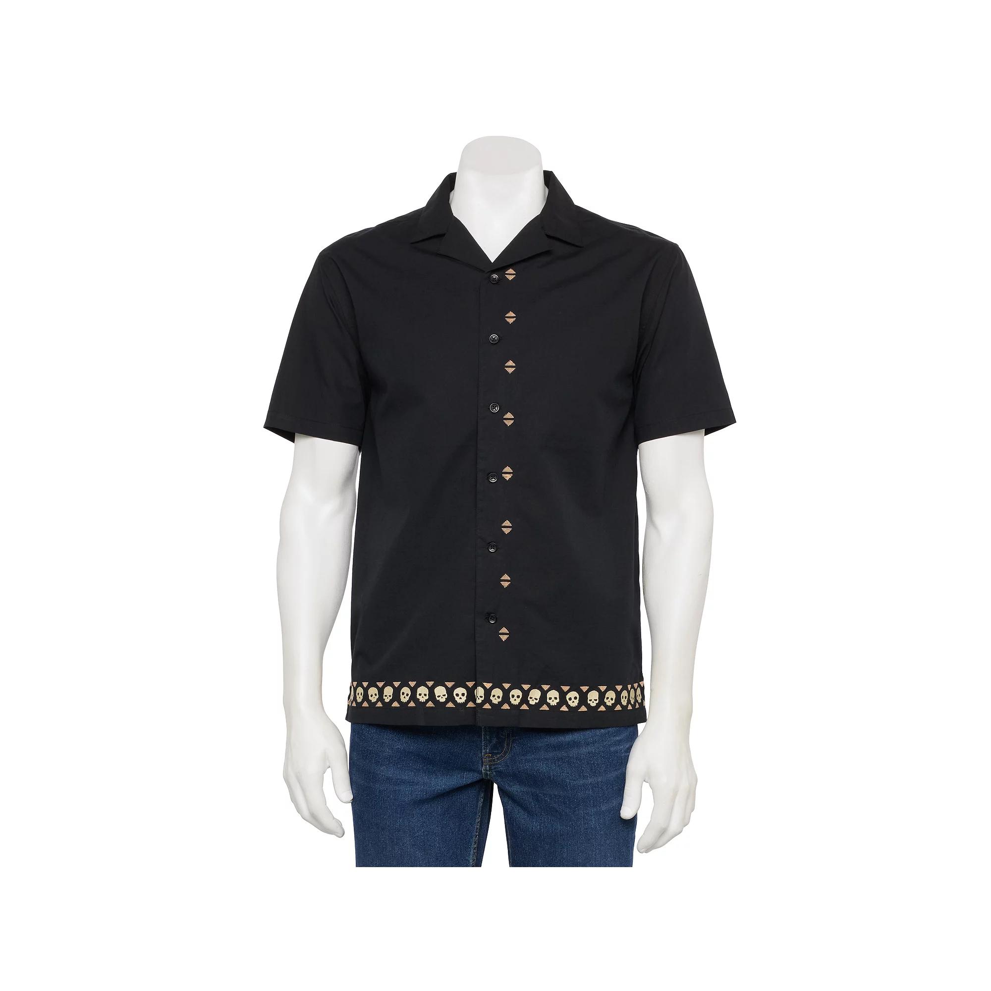 Men's Retrofit Embroidered Skull Shirt, Size: Small, Black Product Image