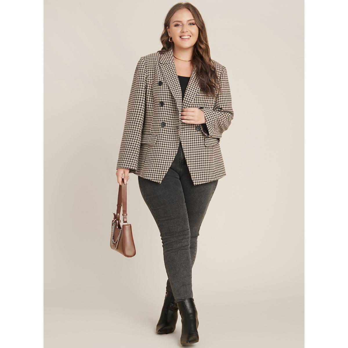 Plus Size Houndstooth Suit Collar Pocket Button Down Coat Women LightBrown Office Button Ladies Office Winter Coats BloomChic 10/M Product Image