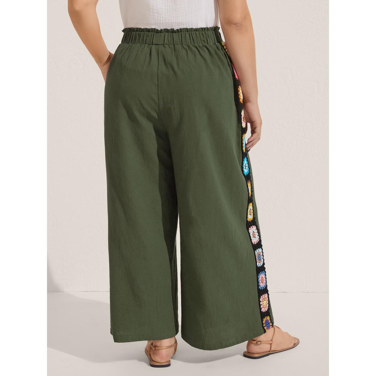 Plus Size Shirred Waist Wide-Leg Spliced Pants Women ArmyGreen Resort Wide Leg Mid Rise Vacation Pants BloomChic 30/6X Product Image