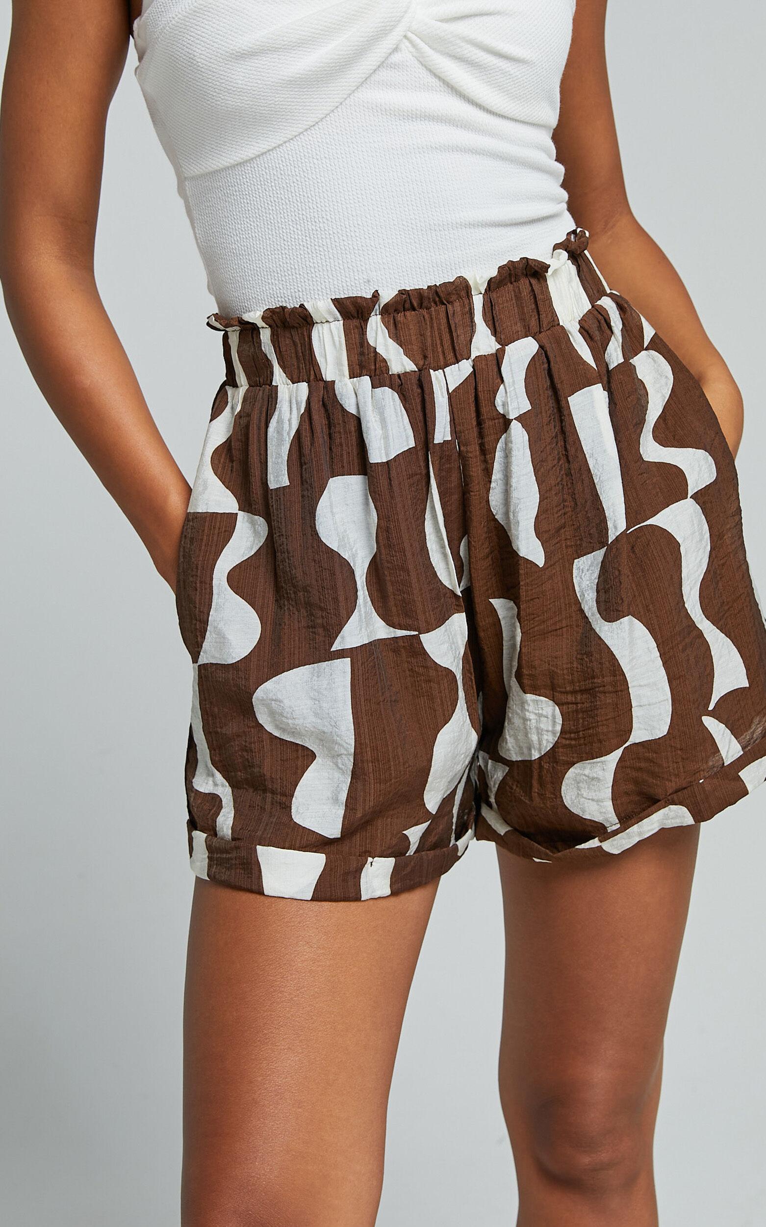 Nadiane Shorts - Shirred High Waisted Shorts in Chocolate Mono Wave Product Image