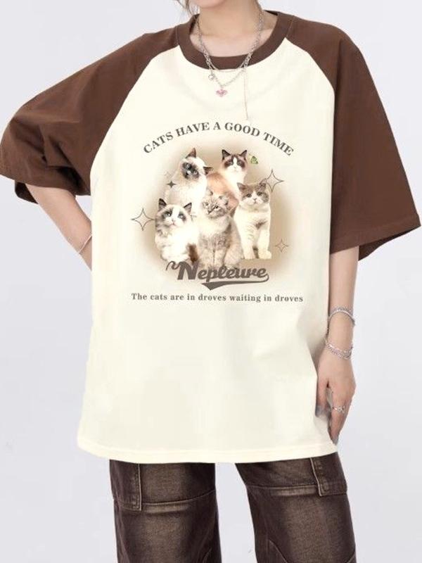 Vintage Cat Print Raglan Oversized Short Sleeve Tee Product Image