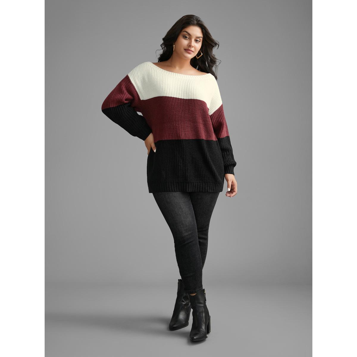 Plus Size Boat Neck Colorblock Contrast Pullover Scarlet Women Casual Loose Long Sleeve Boat Neck Everyday Pullovers BloomChic 30/6X Product Image