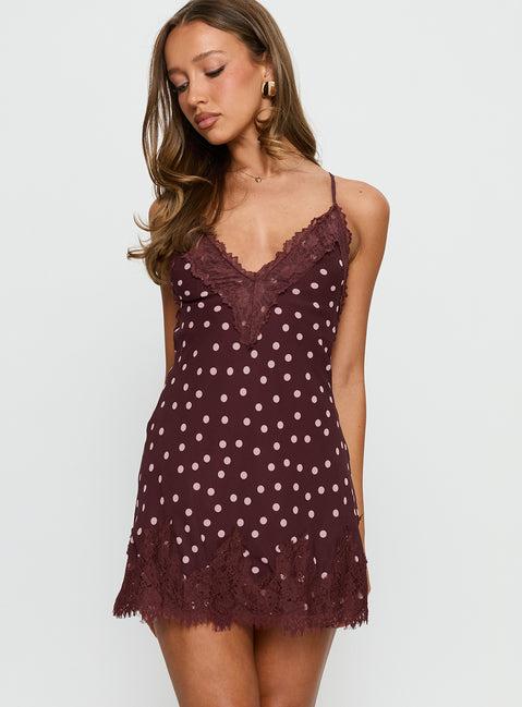 Call My Lover Lace Slip Mini Dress Brown Polka Dot Product Image