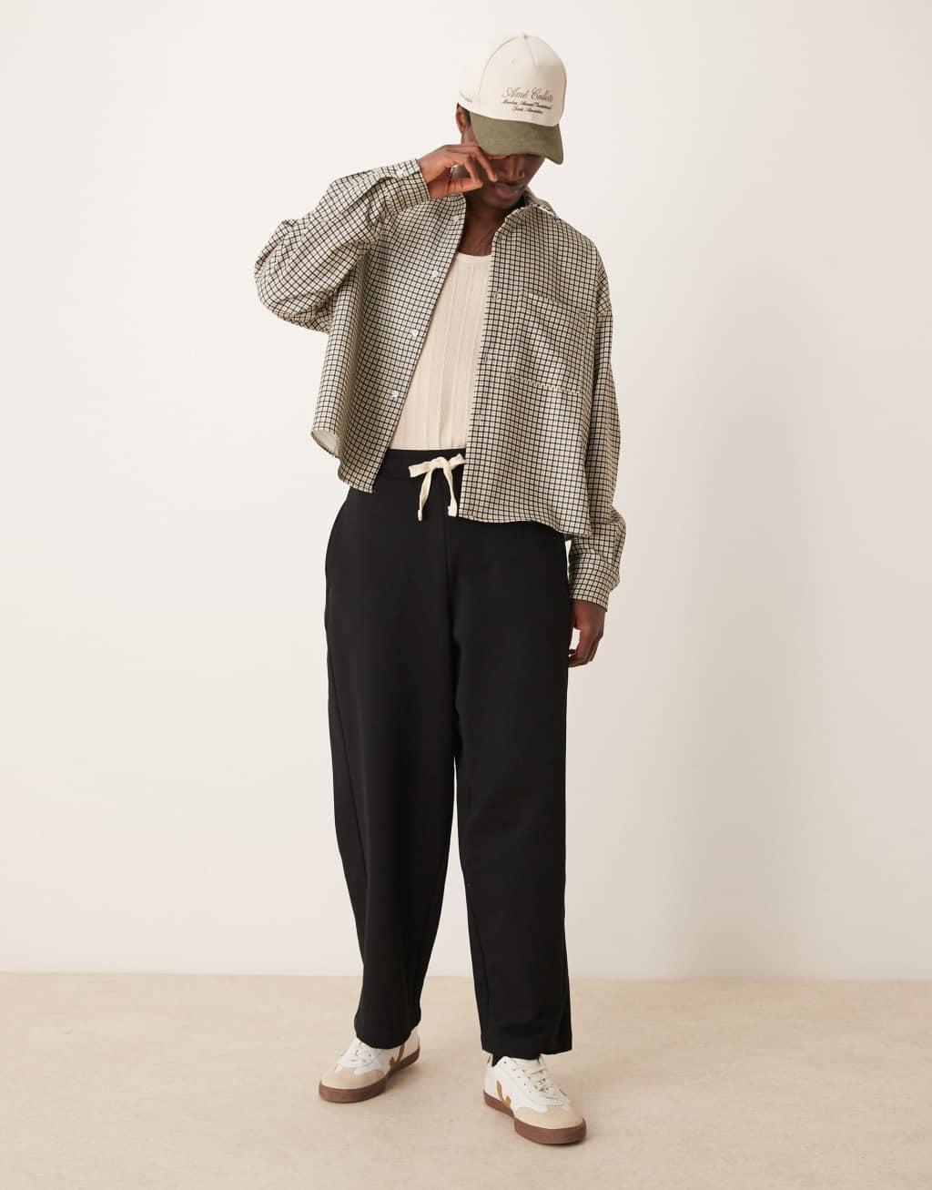 ASOS DESIGN volume oversized cropped shirt in neutral check Product Image