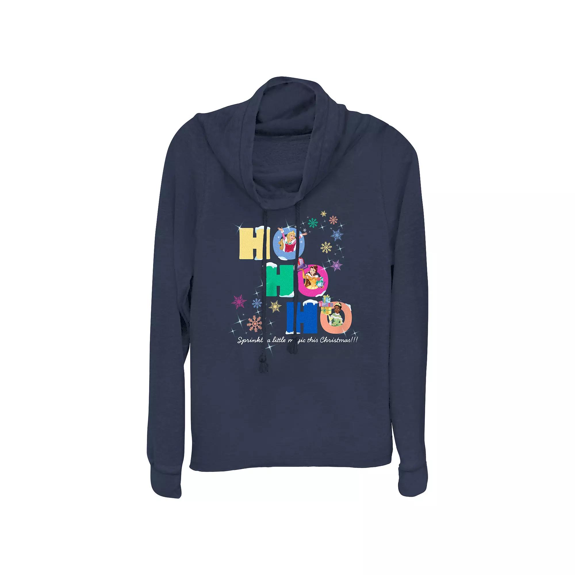 Disney Princess Aurora, Belle & Tiana Sprinkle A Little Magic This Christmas Women's Cowlneck Graphic Lightweight Long Sleeve, Size: XS, Blue Product Image