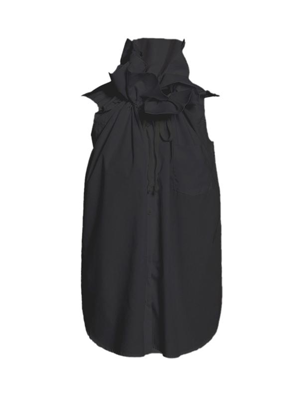 Loose Sleeveless Buttoned Drawstring Pleated Solid Color Stand Collar Vest Top Product Image