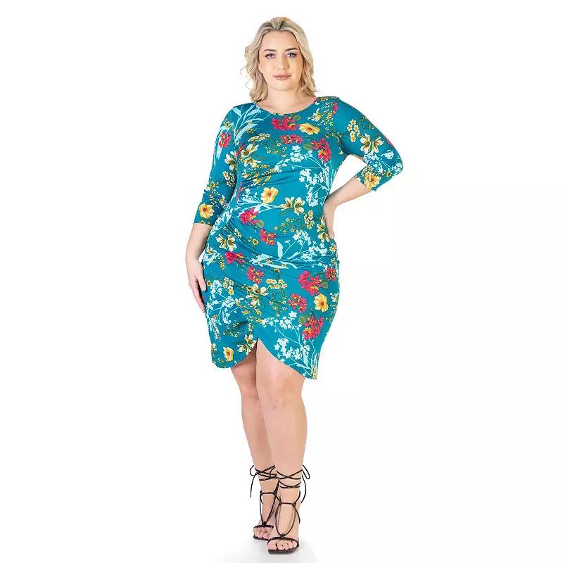 Plus Size 24Seven Comfort Apparel Elbow Sleeve Ruched Knee Length Dress, Women's, Size: 3XL, Teal Pink Product Image