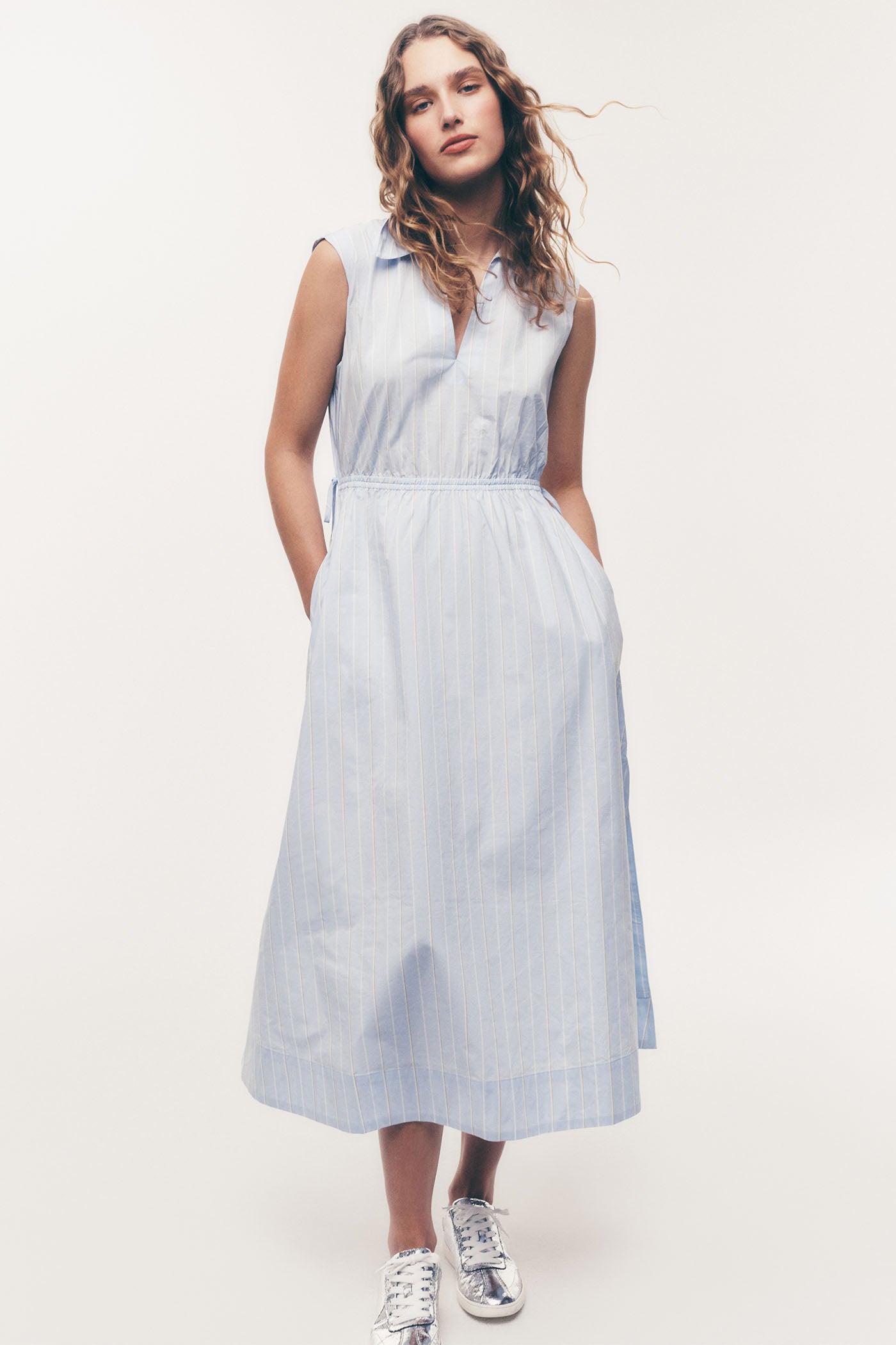 CUTOUT PINSTRIPED MIDI SHIRT DRESS Product Image