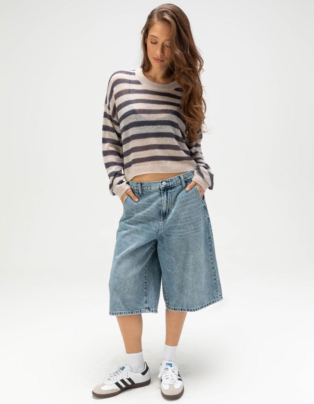 FULL TILT Rugby Stripe Womens Mesh Sweater - GRAY COMBO Product Image