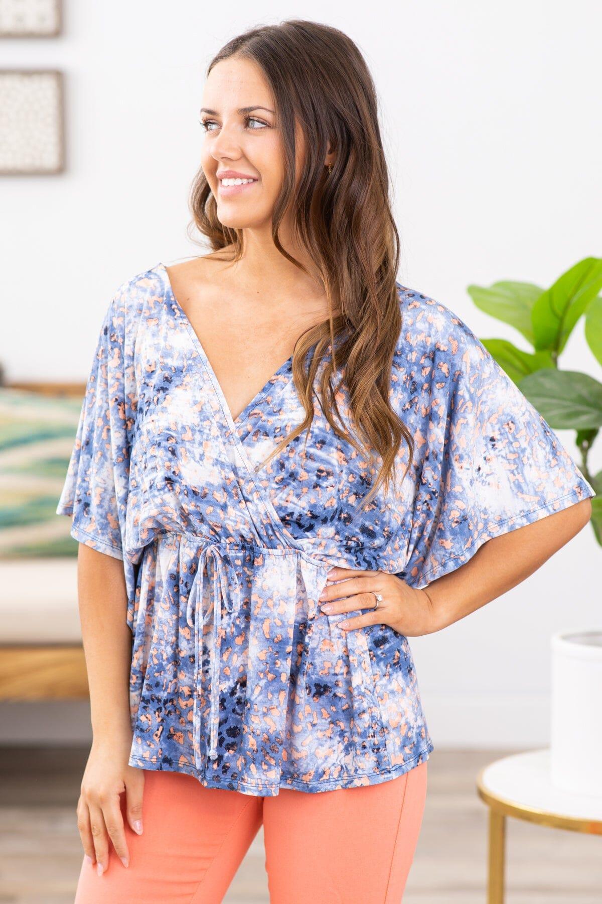 Dusty Blue and Peach Animal Print Peplum Top Product Image