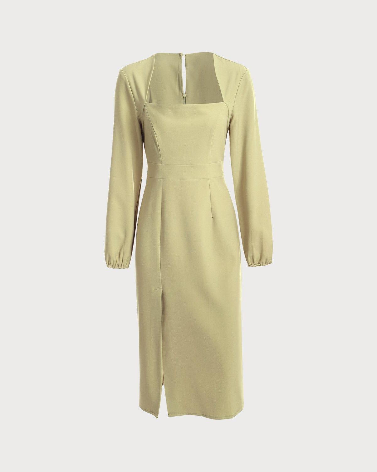 The Solid Square Neck Long Sleeve Dress Product Image