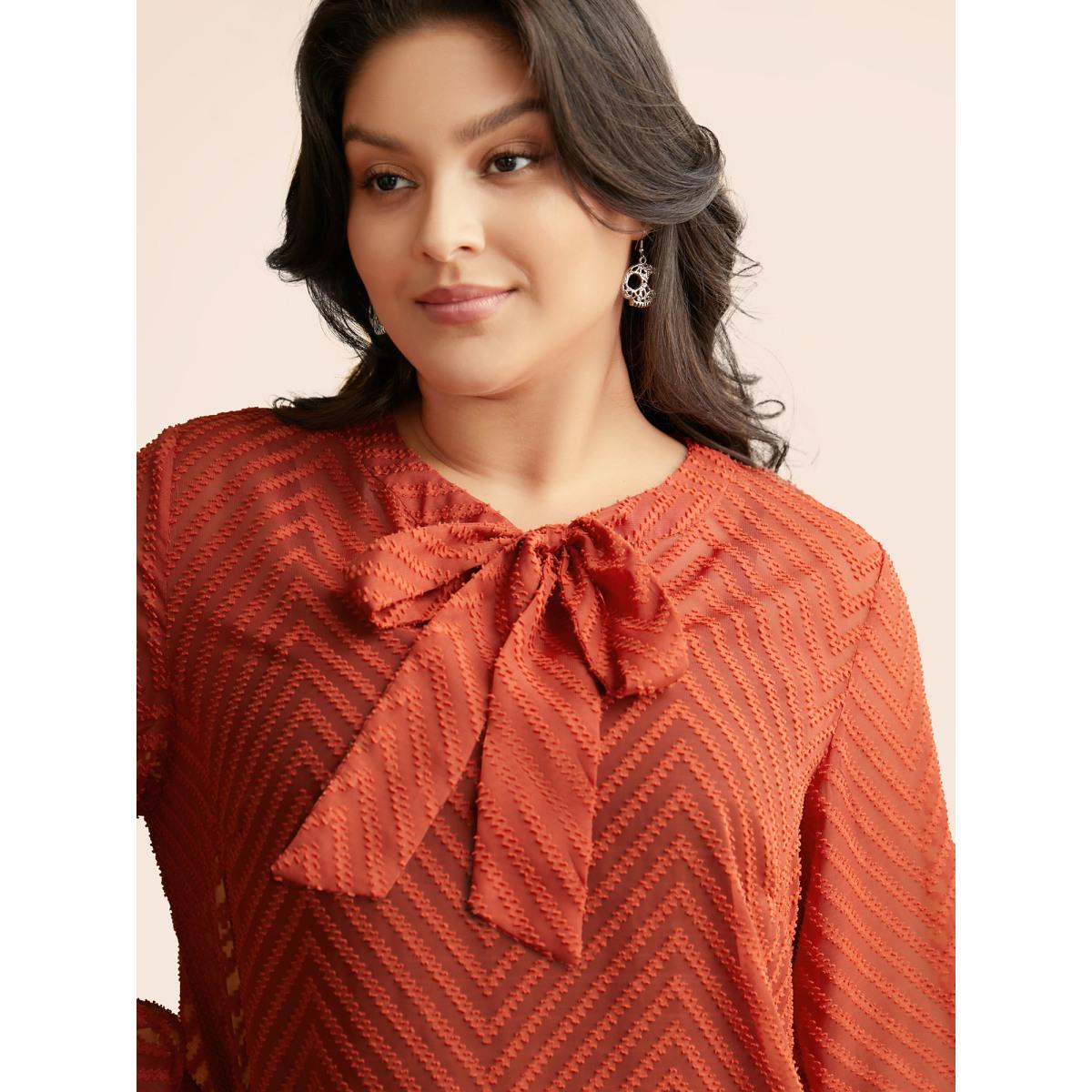 Plus Size Rust Wicked Neck Ribbon Lantern Sleeve Blouse Women Elegant Long Sleeve Ribbon-tied collar Everyday Blouses BloomChic 28/5X Product Image