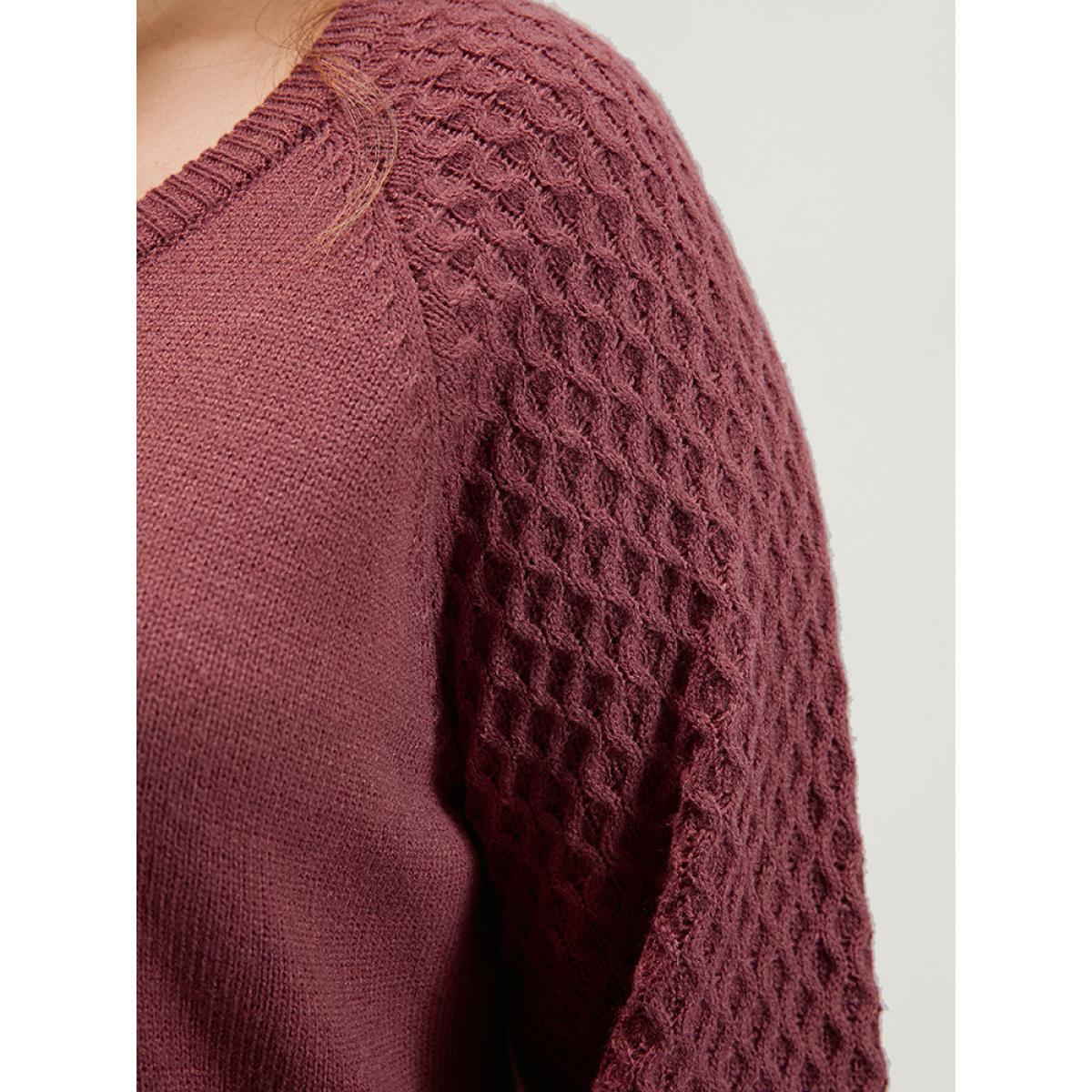 Plus Size Solid Pointelle Knit Lantern Sleeve Knit Top Russet Women Elegant Loose Long Sleeve V-neck Dailywear Pullovers BloomChic 22-24/3X Product Image