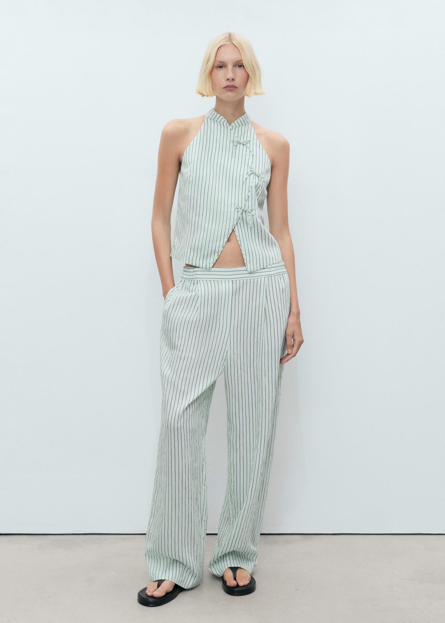 Striped top with a strap neckline and laces - Women | MANGO USA Product Image