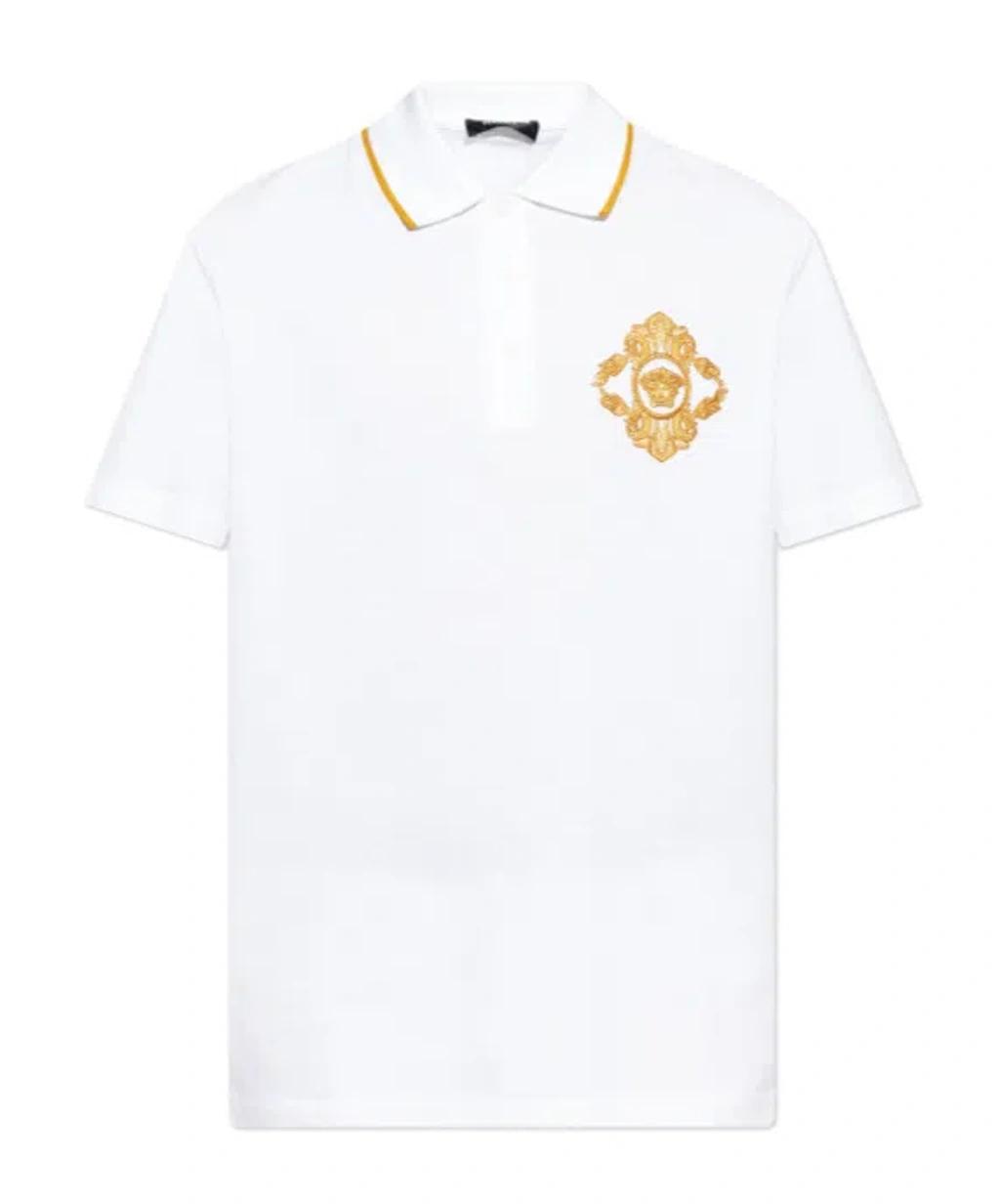 VERSACE Embroidered Architectural Baroque Polo T-shirt In White Product Image