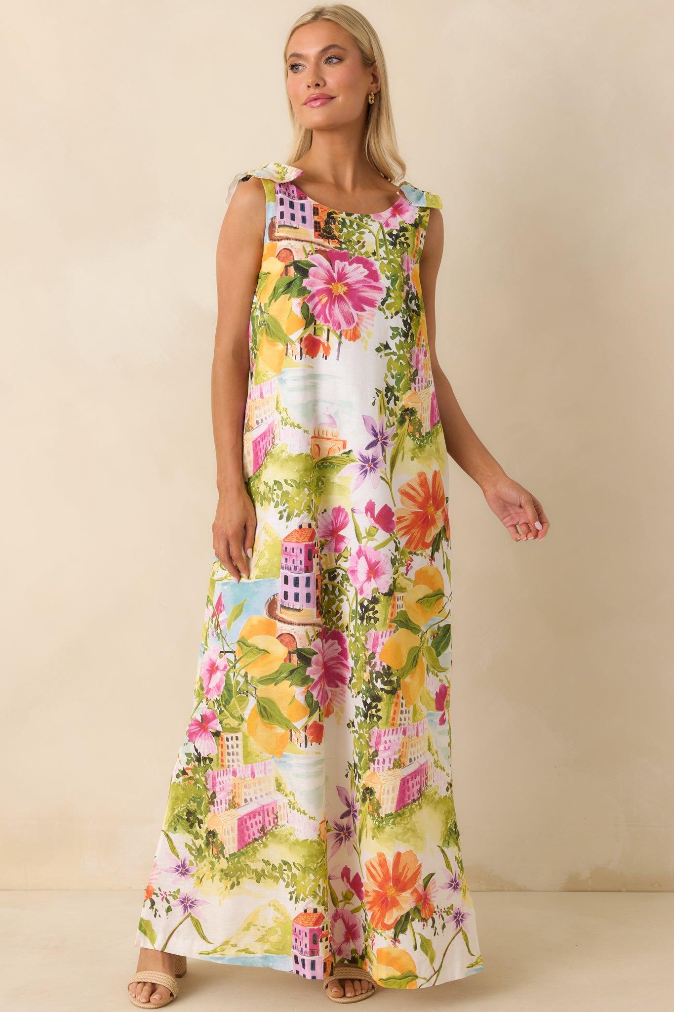 Prosperina Lucie Multi Linen Blend Scenic Coastal Print Maxi Dress Product Image