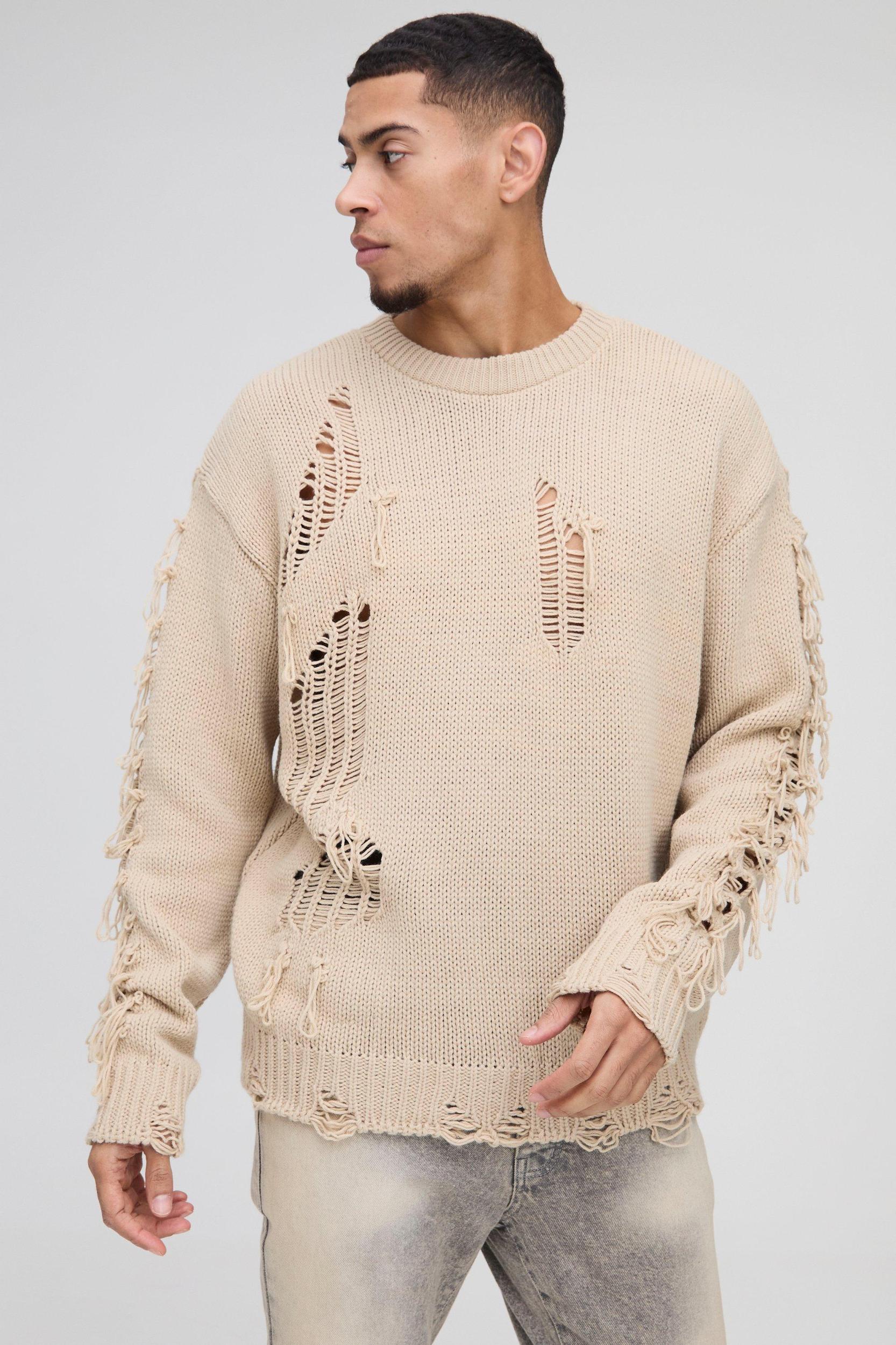 Oversized Boxy Distressed Textured Knitted Sweater | boohooMAN USA Product Image