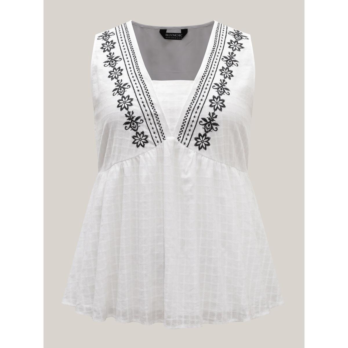 Plus Size Pure Cotton Jacquard Embroidered Tank Top Women WhiteSmoke Boho Texture Square Neck Vacation Tank Tops Camis BloomChic 30/6X Product Image