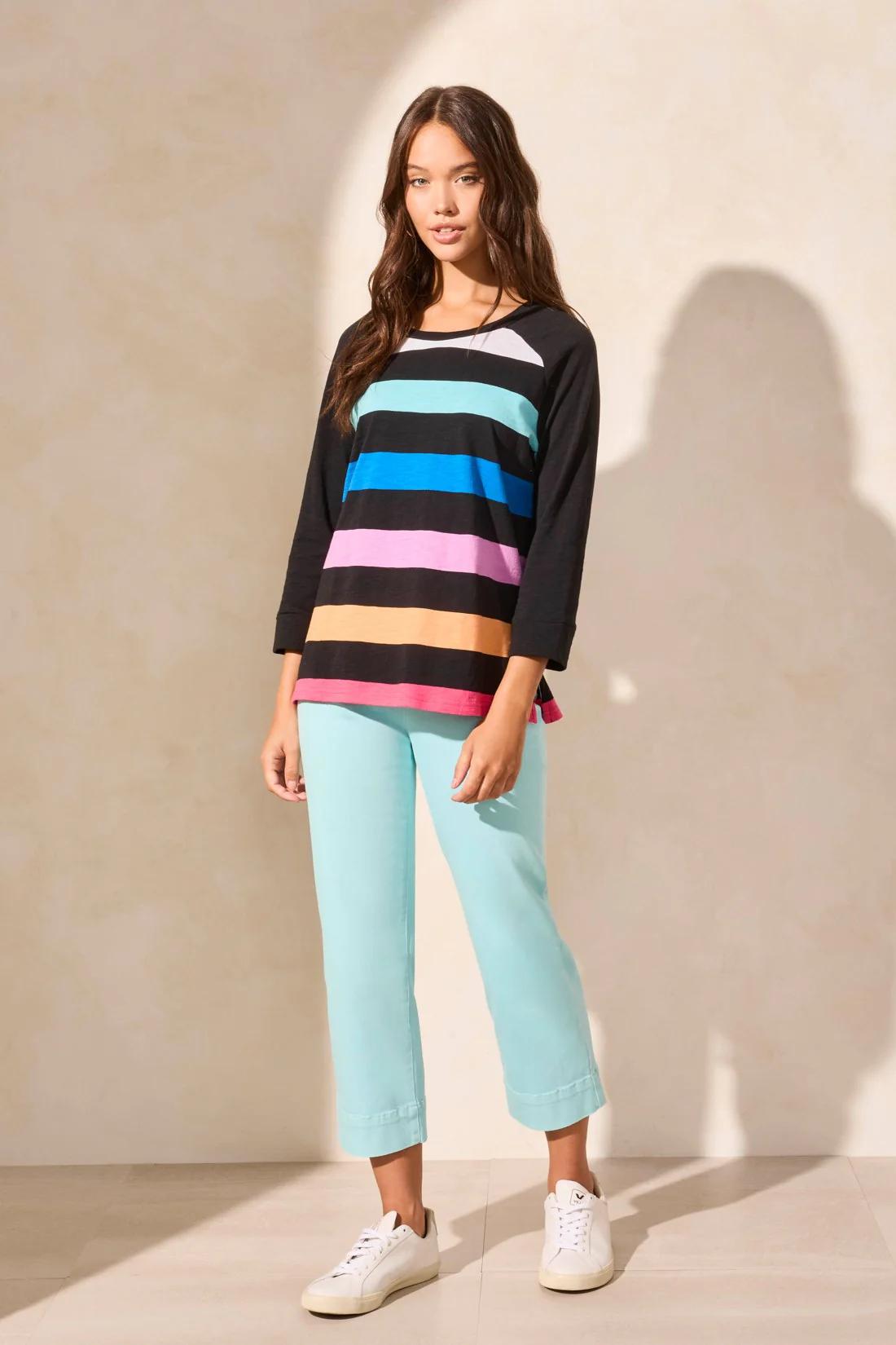 Striped Cotton Slub Raglan Sleeve Crew Neck Top Product Image