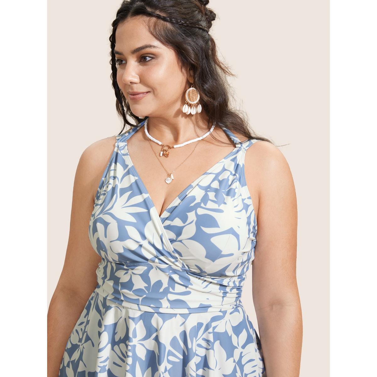 Plus Size Overlap Collar Silhouette Floral Print Swim Dress Women's Swimwear LightBlue Beach Bodycon Overlap Collar High stretch Curve Swim Dresses BloomChic 26/4X Product Image