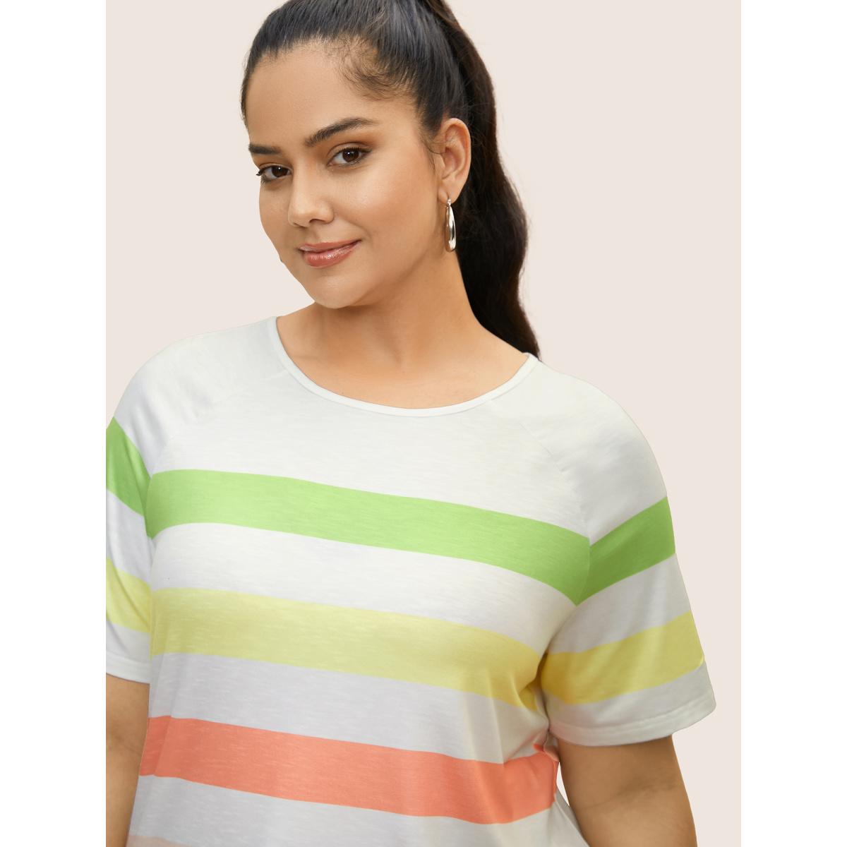 Plus Size Colored Striped Crew Neck Raglan Sleeve T-shirt Multicolor Women Casual Contrast Round Neck Everyday T-shirts BloomChic 12/L Product Image